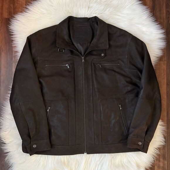 Roundtree & Yorke Brown Leather Jacket XXL Lamb Skin Pockets Zip Front Y2K Dress - Picture 2 of 13